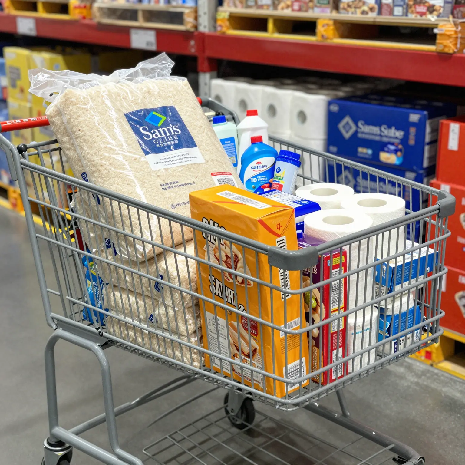 Shopping Cart Filled with Bulk Items at Sam's Club