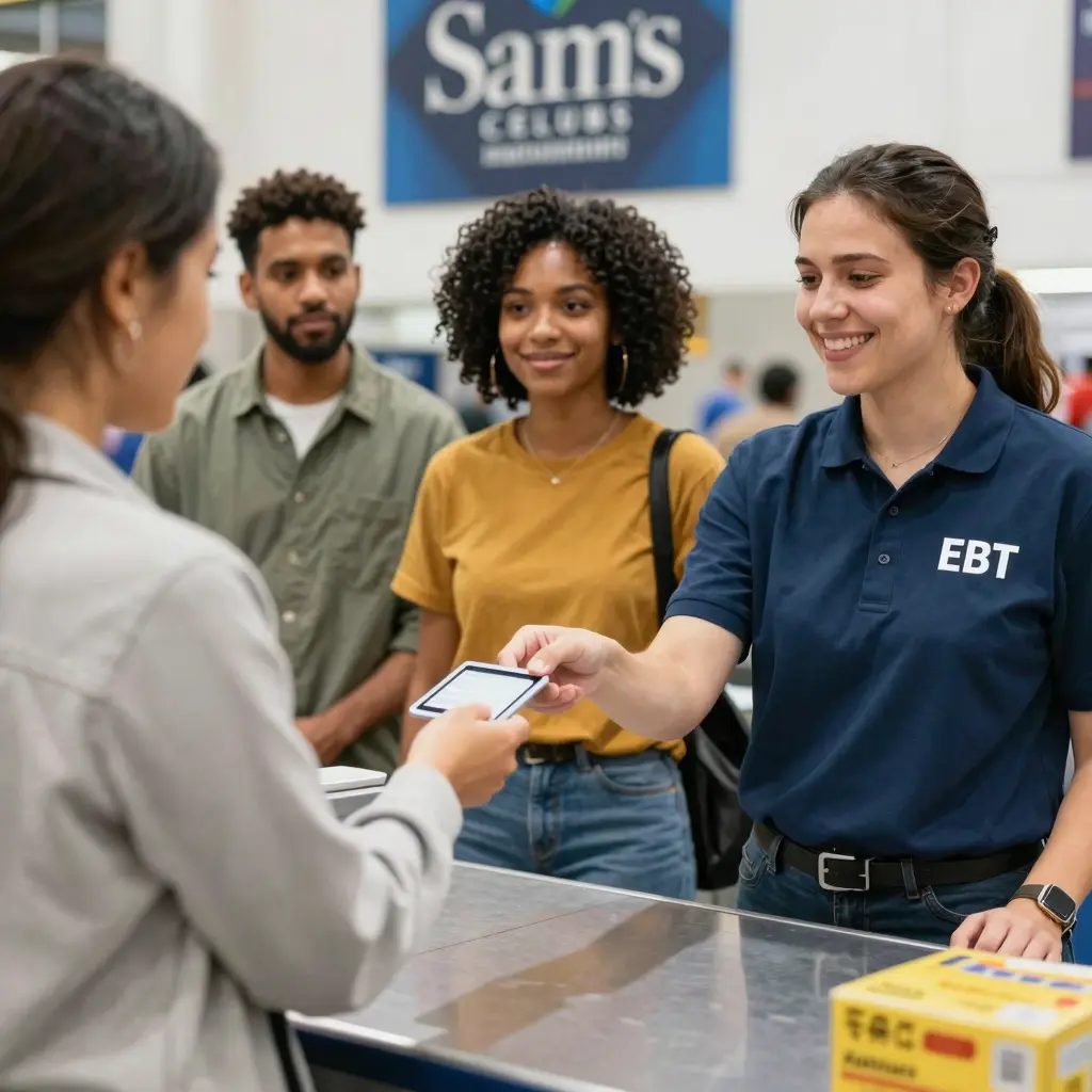 A diverse group of shoppers at Sam's Club checkout, showcasing an EBT user