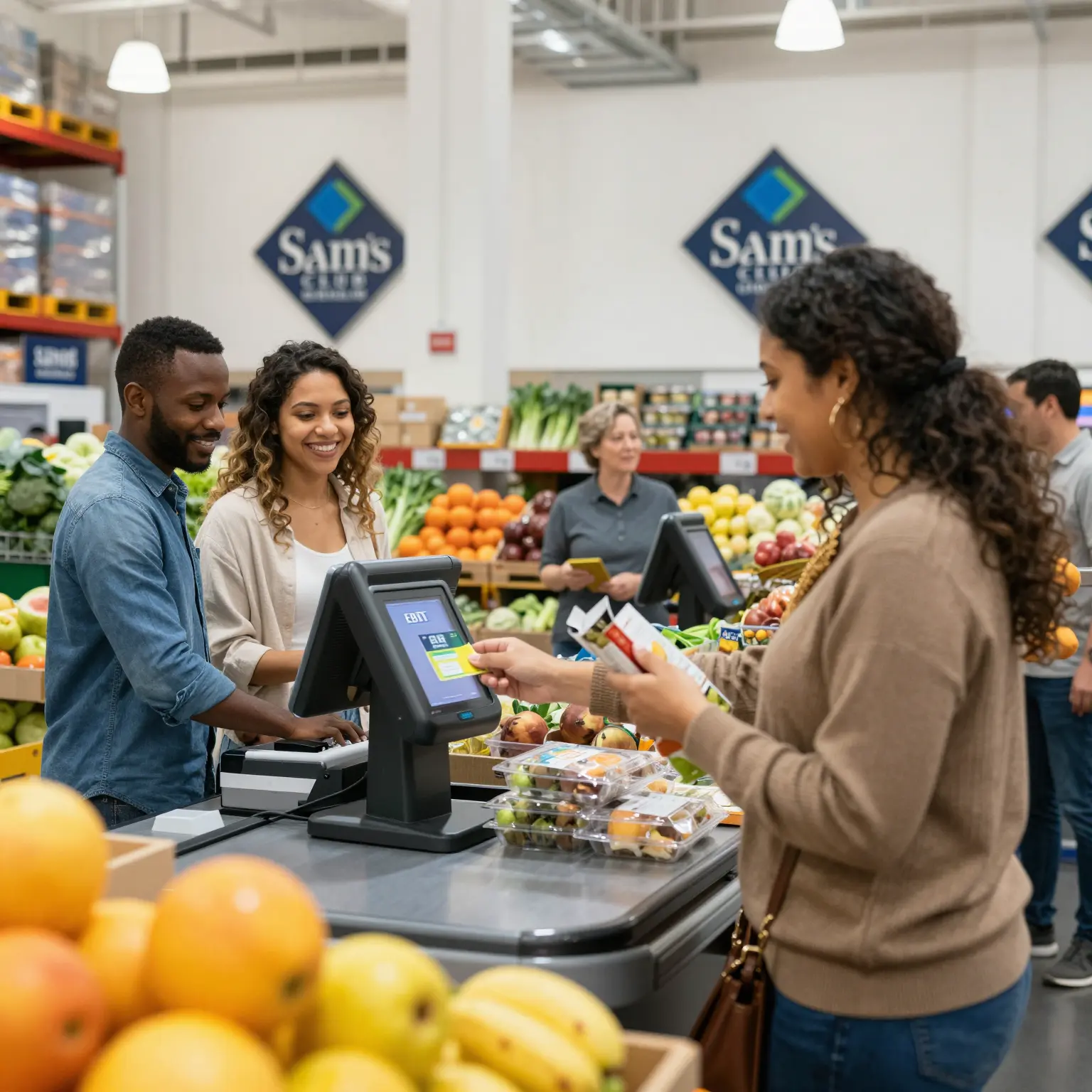 A shopping scene in a Sam's Club store, showcasing EBT card usage at checkout for grocery items.