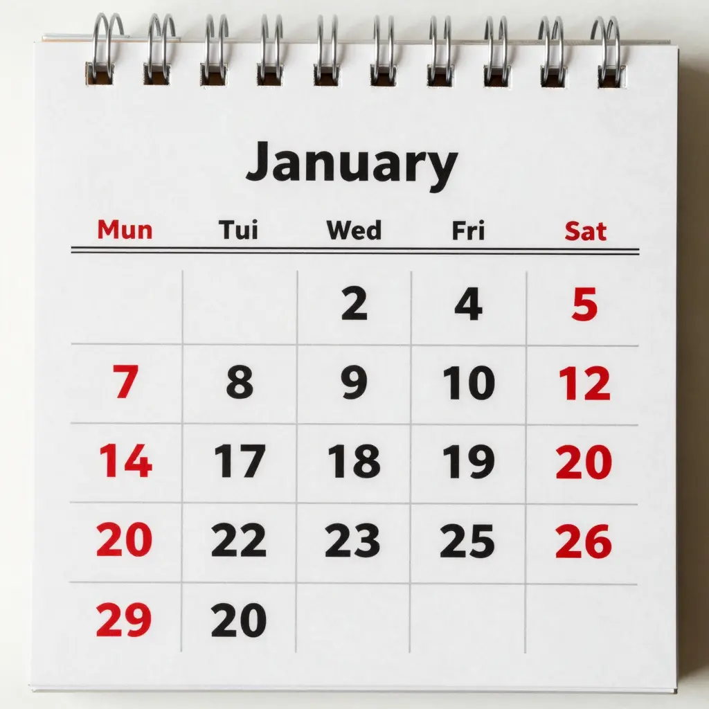 Calendar Highlighted on New Year's Day