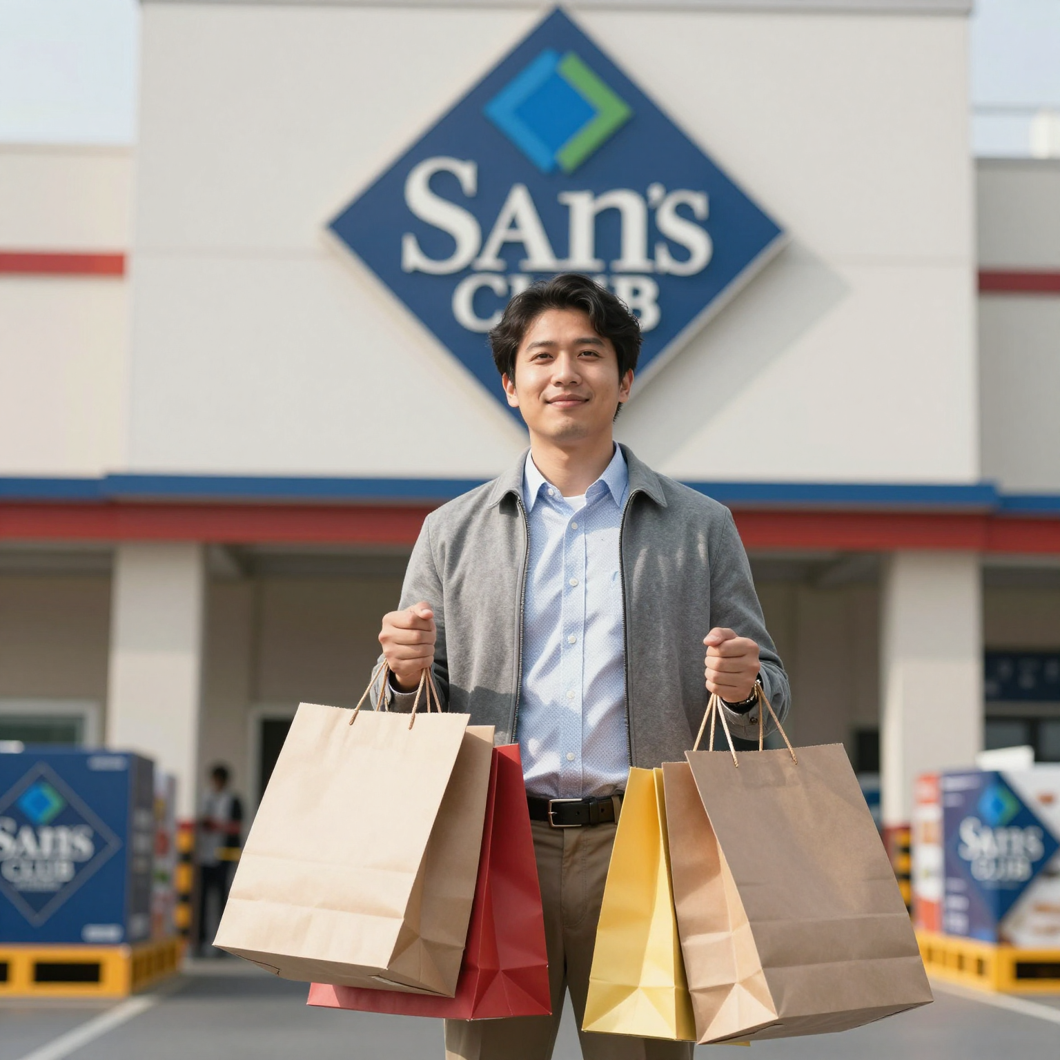 A business owner holding shopping bags in front of a Sam's Club store